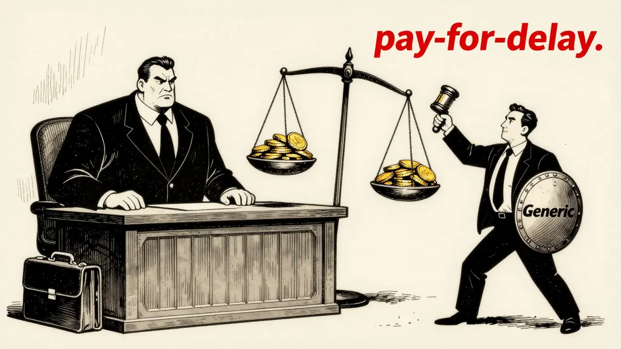 Vintage illustration of a legal battle between big pharma and generics
