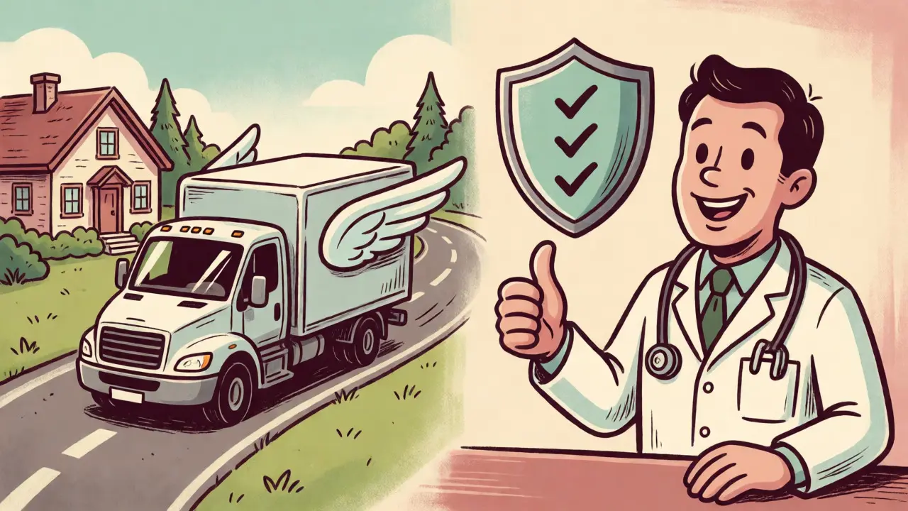 Delivery truck arriving at home beside a safe pharmacist icon