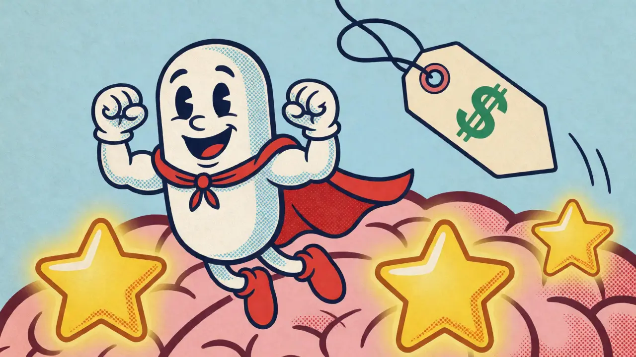 Superhero pill character flying through a brain with falling prices